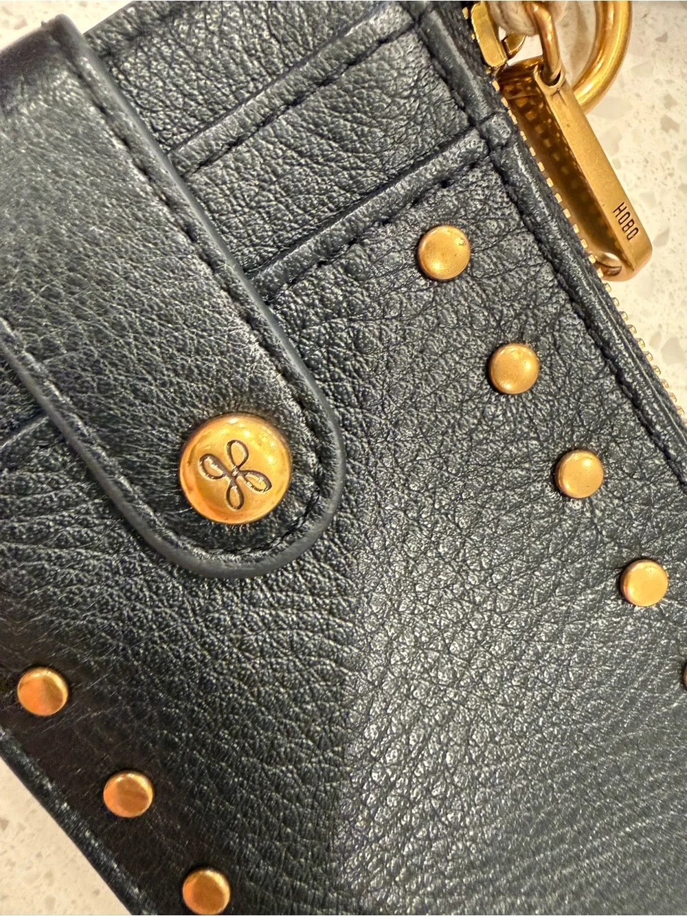HOBO Black Leather Wristlet Card Case Coin with Gold Stud Accents